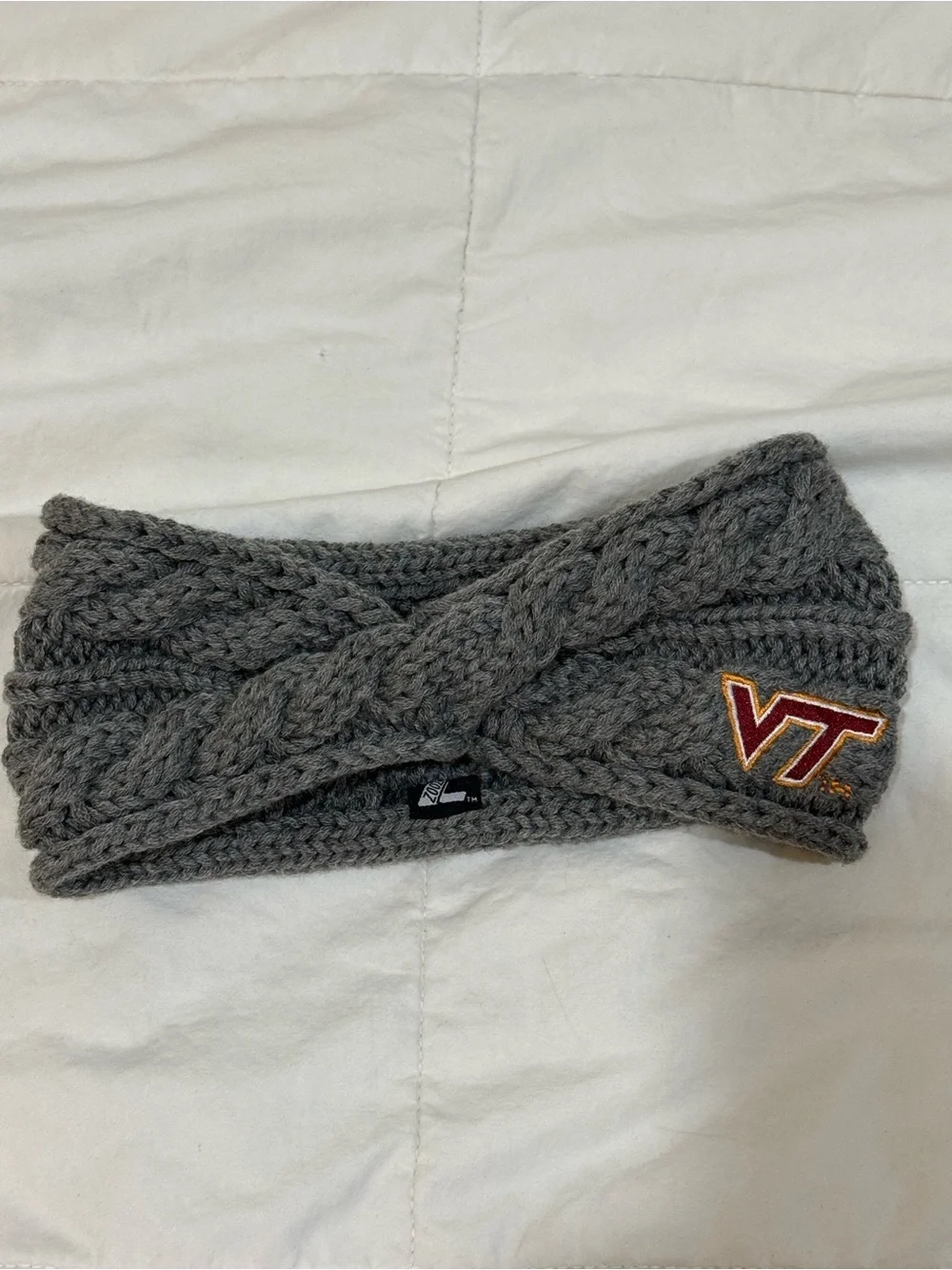 Gray Cable Knit Twisted Headband with VT Embroidered Patch